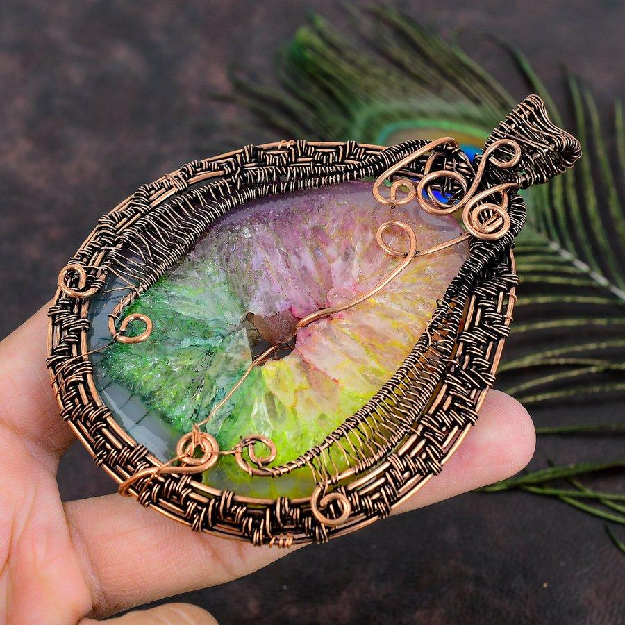 Pierre Gemme Quartz Solaire Arc-en-Ciel Naturel Fil de Cuivre Enroulé Cadeau Pendentif 4.26 A6k33