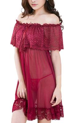 Sexy Lingerie Large Size Babydoll Nightgown Off Shoulder Lace Nightwear Nightwear Red [Loca Loca] See-Through (Wine Red)