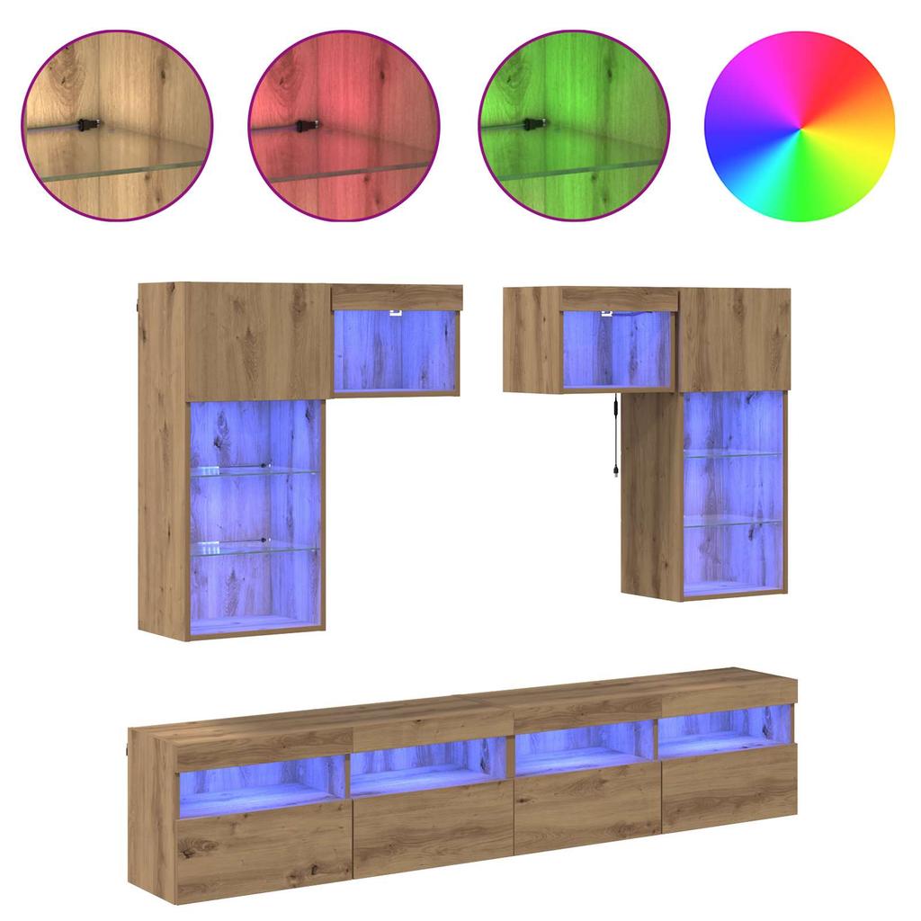 TV Wall Unit with LED Light Strips 6 pcs Reclaimed Wood Effect Particleboard