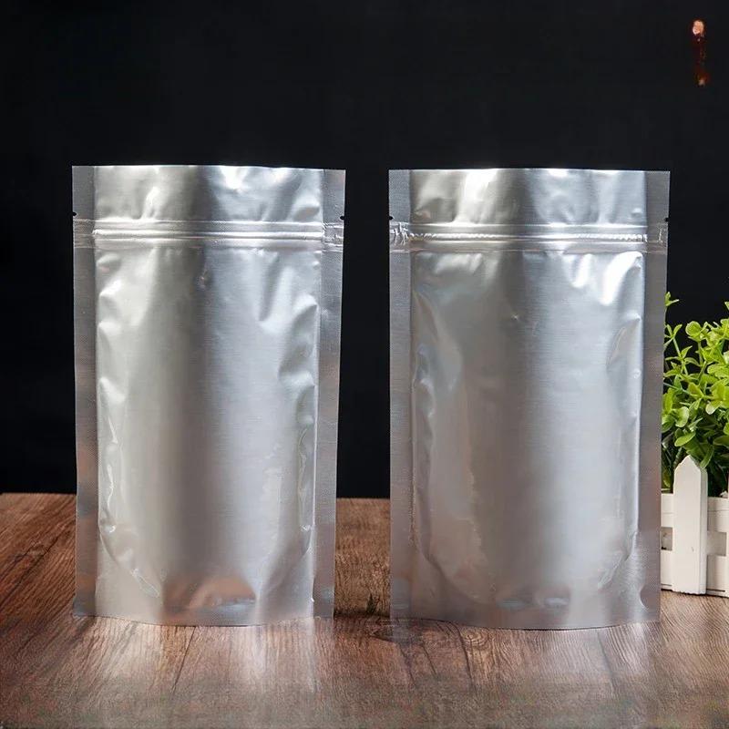50 Stück silberfarbene Beutel aus Aluminiumfolie, wiederverschließbar, matt, stehend, für Lebensmittelverpackungen, selbstversiegelte Plastikbeutel mit Reißverschluss und breitem Boden