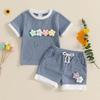 Toddler Girl Summer Waffled Clothes 3D Flower Short Sleeve Round Neck Tops Elastic Waist Shorts Children Outfit