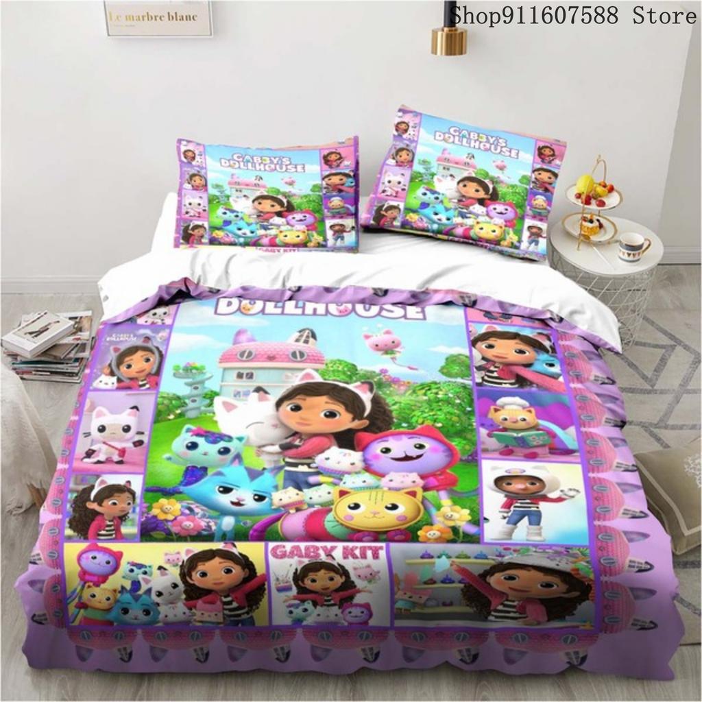 Gabby's Dollhouse Bedding Set Kawaii Bed Linen Set Single Double Size Home Decor For Girls Kids Cartoon Cute Cat Duvet Cover Set