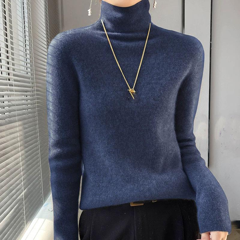 Womens Turtleneck Knitted Sweater Long Sleeved Slim Fit Elastic Ribbed Jumper Female Autumn Winter Basic Sweaters and Pullover