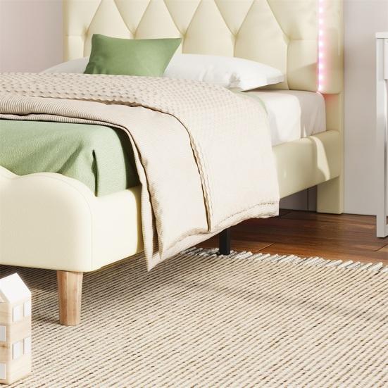 Upholstered Bed Running Light Effect Higher Bed Feet Without Mattress Wavy Headboard Changing LED Strip Sleep Faux Leather Dorm Apartment Single Bed