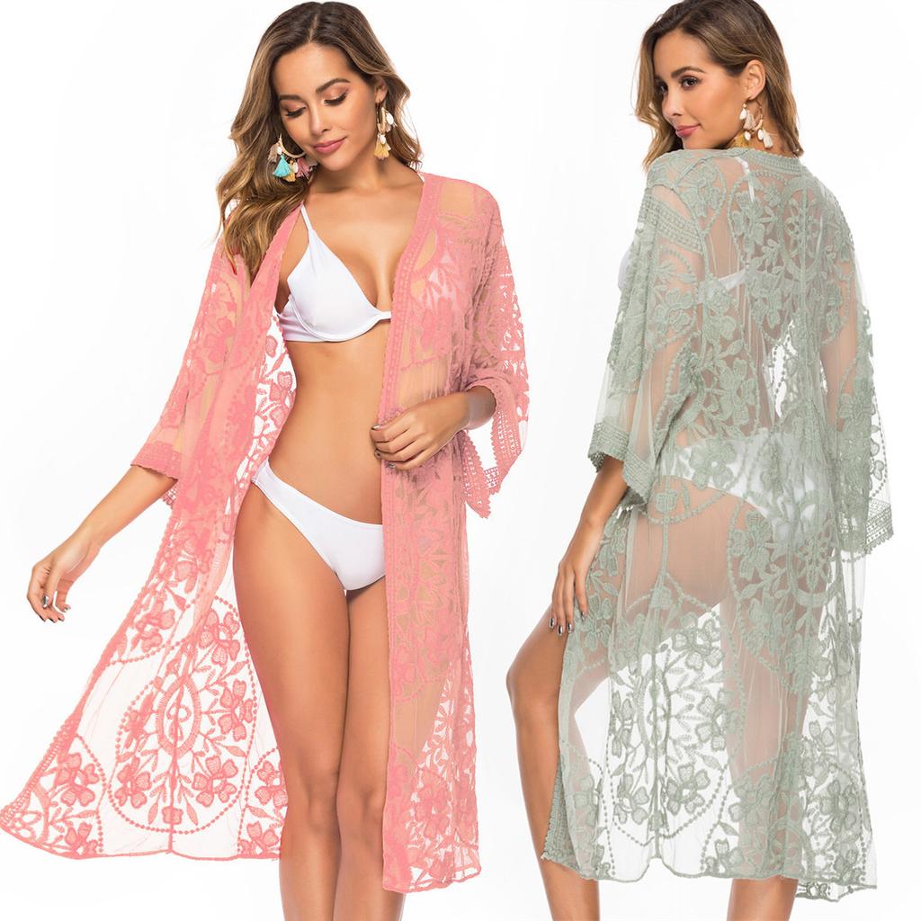 Women's Cardigan Explosion Beach Coverup Mesh Bikini Outer Cardigan Lace Embroidery Sunbrella