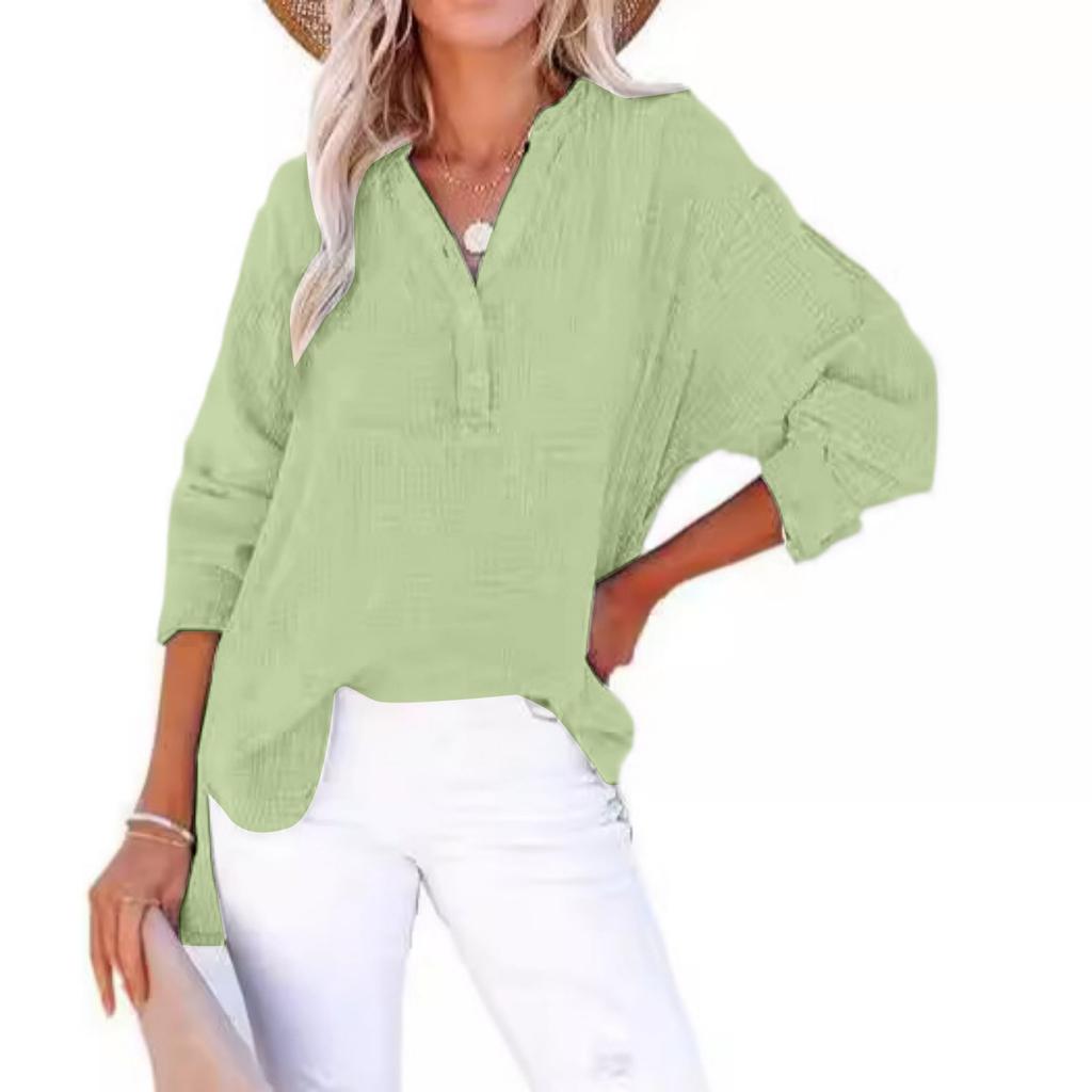 Fashion Women's Pleated Button Long Sleeve Solid Color Tops Women's Shirt Pullover