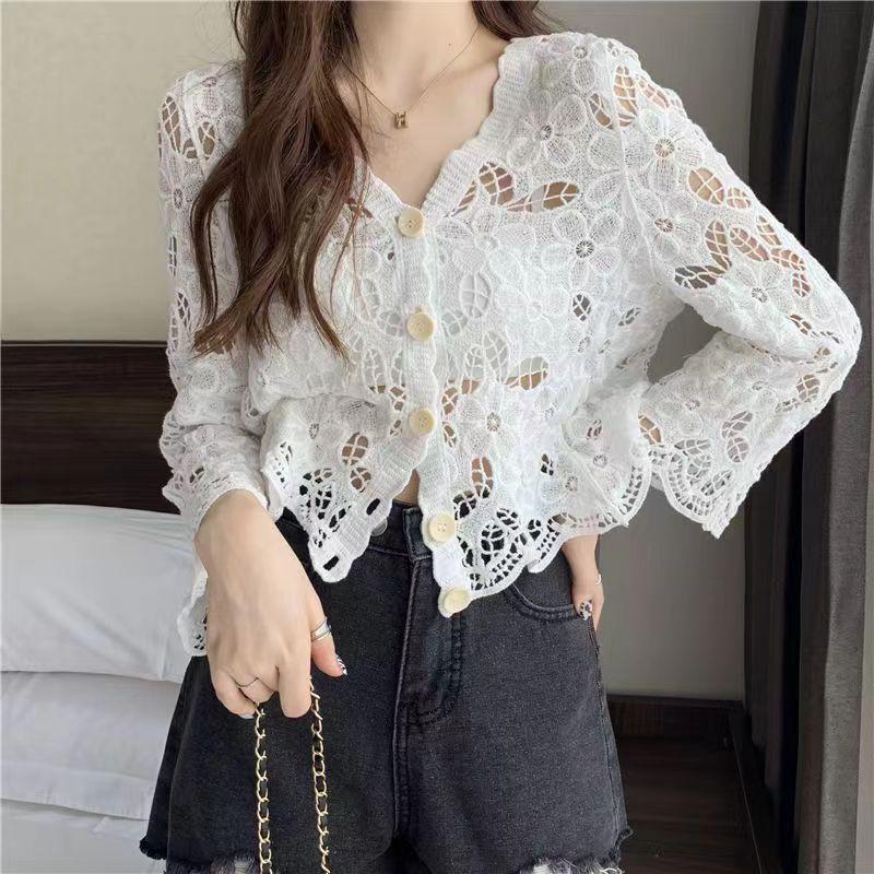 Women's Bohemian Hollow Knit Cardigan - Cotton Short-Sleeve, Lightweight for Spring/Summer
