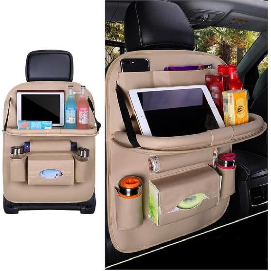 Car Seat Back Organizer, Leather Vehicle Seatback Storage Pocket With Foldable Table Tray, Multifunctional Automotive Backseat Protectors Kick Mats