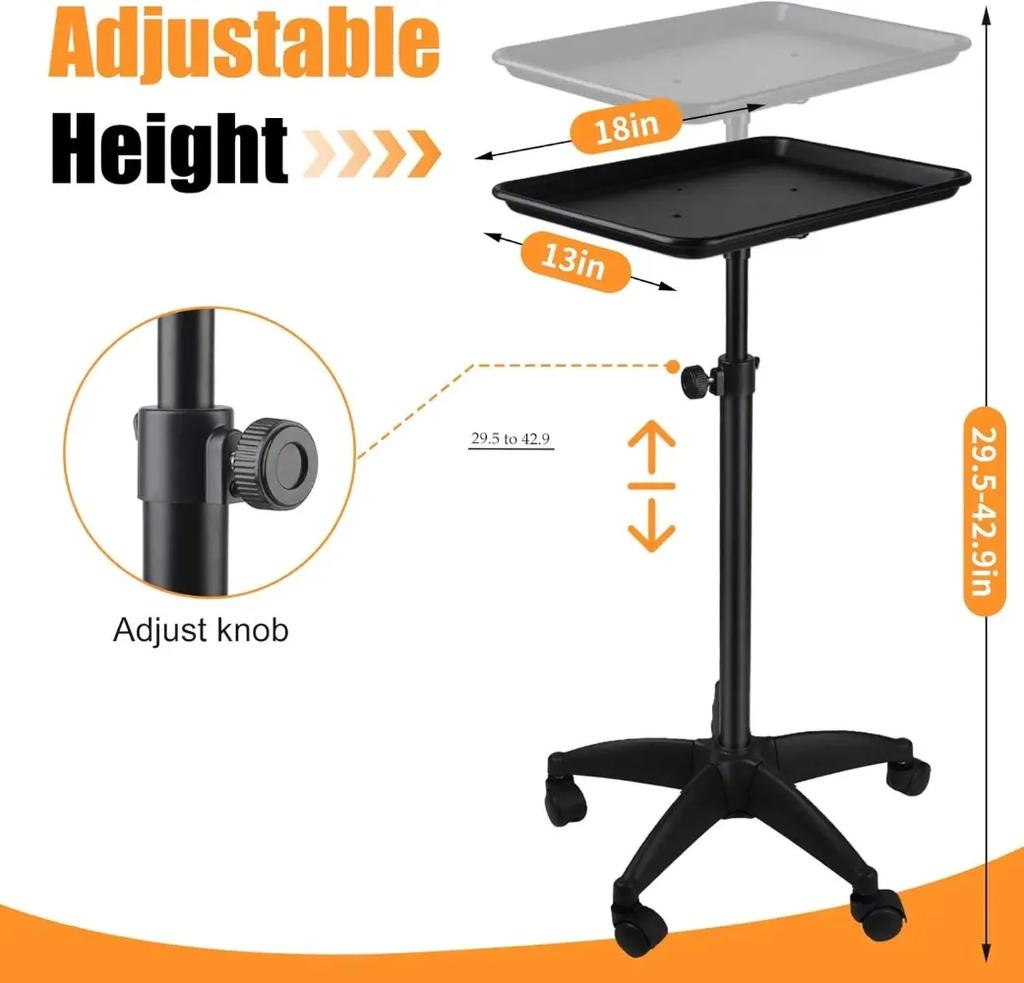 Adjustable Height Rolling Tray Cart - Aluminum Salon Utility Cart with Wheels for Tattoo, Hair & Dental Tools, trolley cart