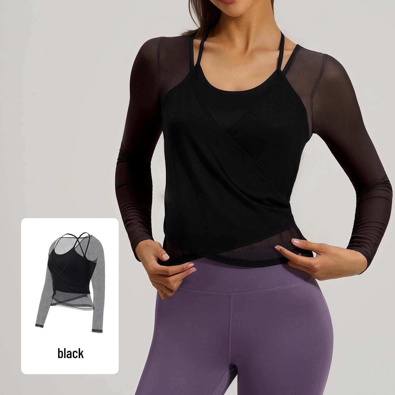 Juyitang Women s Mesh Long Sleeve Camisole Set with Chest Pads - Breathable Slimming Yoga Cover-up Sportswear Top