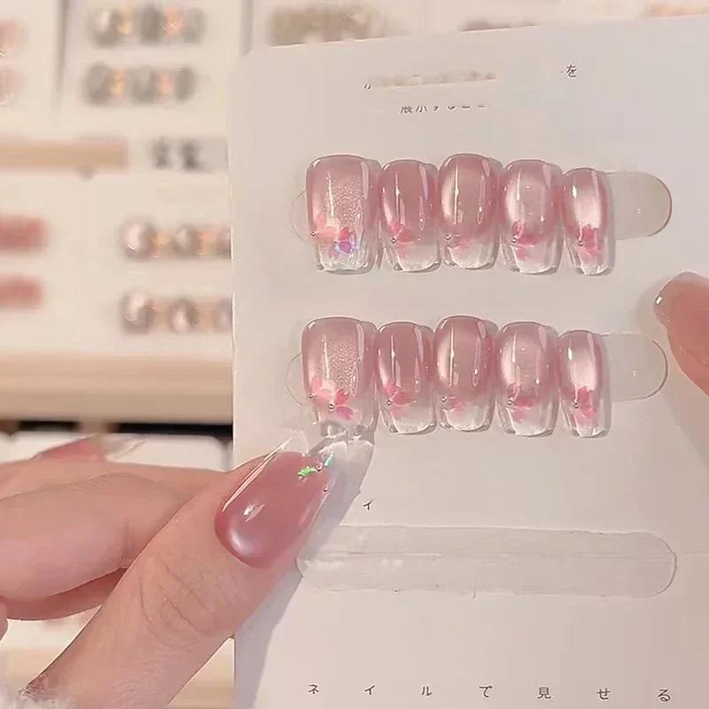 10Pcs Sweet Handmade Press On Nails Flower Butterfly Glossy Diamond Full Cover Acrylic Fake Nail Tips Art