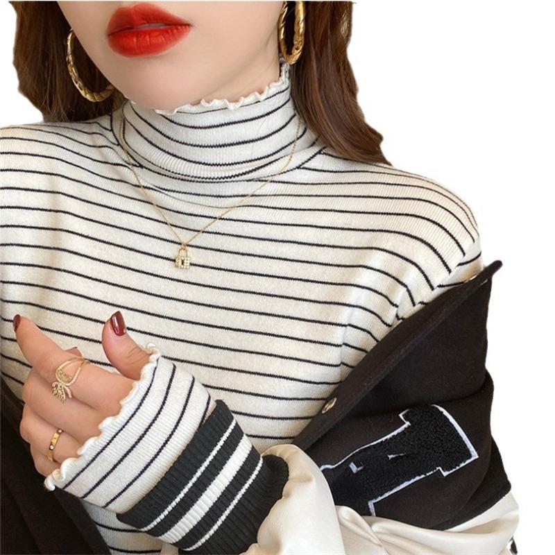 Autumn and winter new warm thickened knitted bottoming shirt women's stripe versatile integrated velvet semi-turtleneck pullover sweater inner