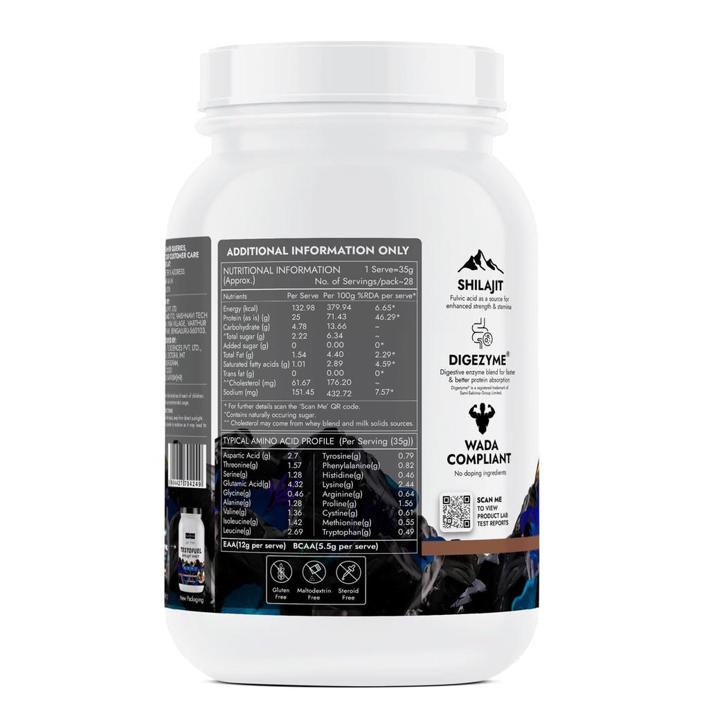 Kapiva Testofuel Shilajit Whey Protein Powder 1 kg Belgian Chocolate With 25 g Protein Faster Absorption Digestive Enzyme Blend