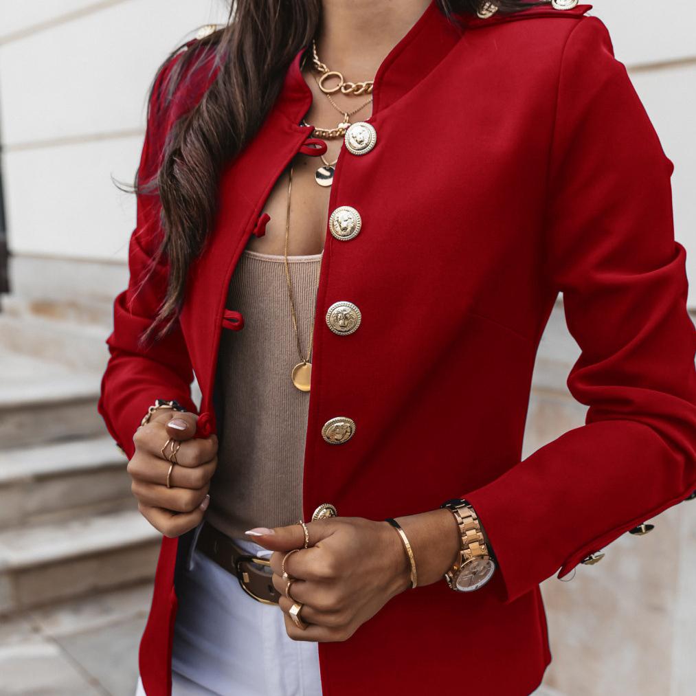 Blazer ajusté à manches longues pour femme, veste boutonnée élégante, manteau court stylé avec boutons décoratifs