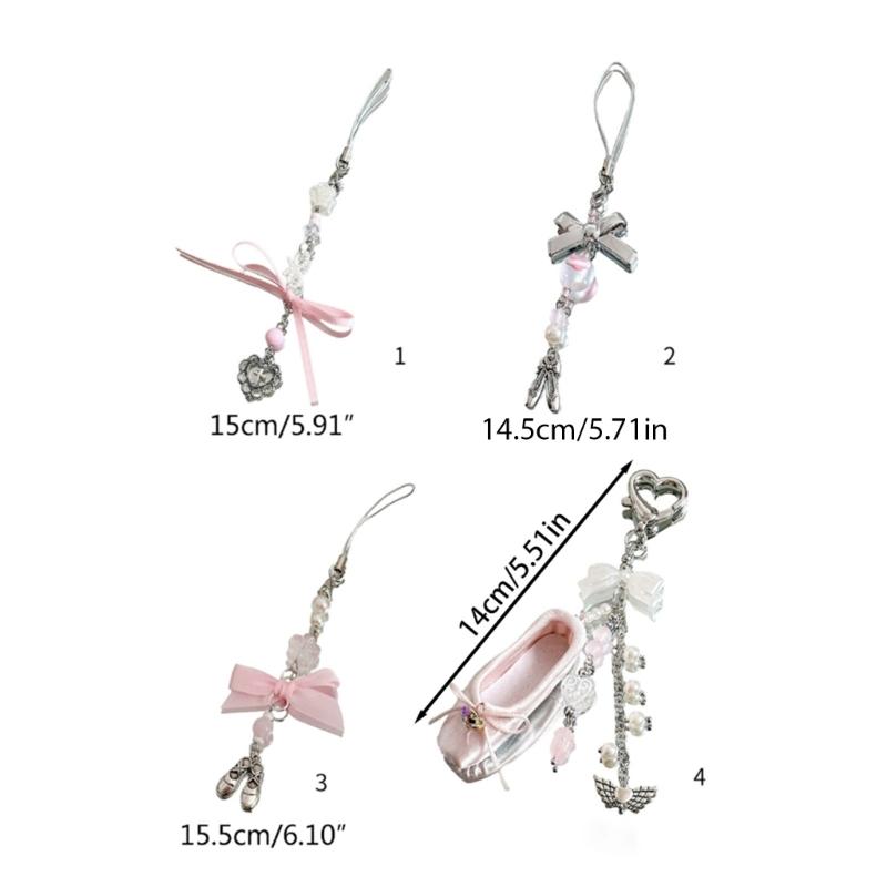 Pink Dance Shoes Keychain Delicate Ribbons Bowknot Keyring for Bags Backpacks Phone Charm Romantics Phone Strap Ornament
