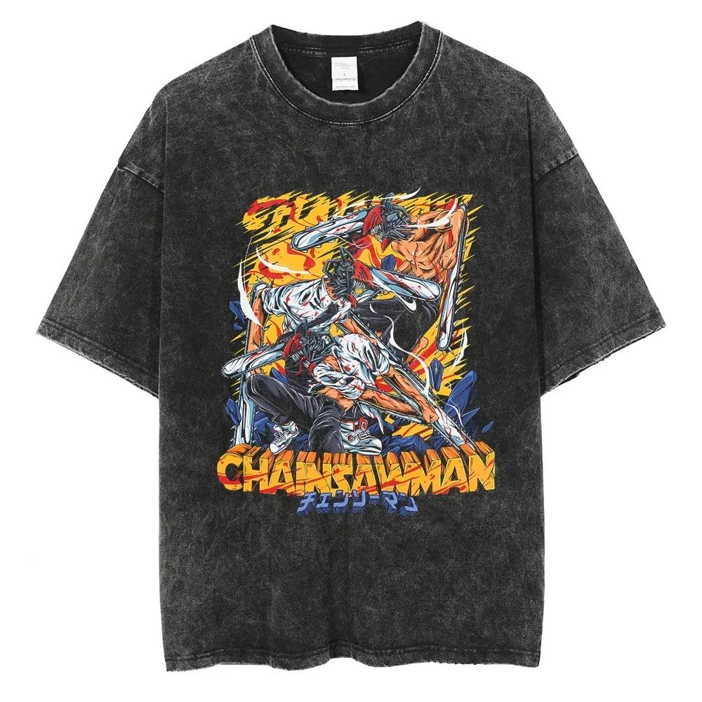 Anime Chainsaw Washed Short Sleeved Round Neck Yk Tshirt Ropa Hombre Men Clothing New in Top Tees Mens TShirt Camisetas