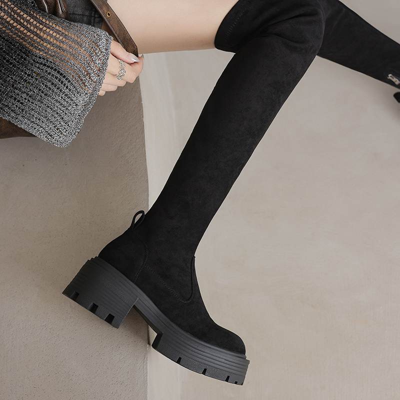 Krazing Pot Microfiber Autumn Winter Shoes Thick Bottom Flat Platform Size 43 Long Boots Zipper Over-the-knee Boots