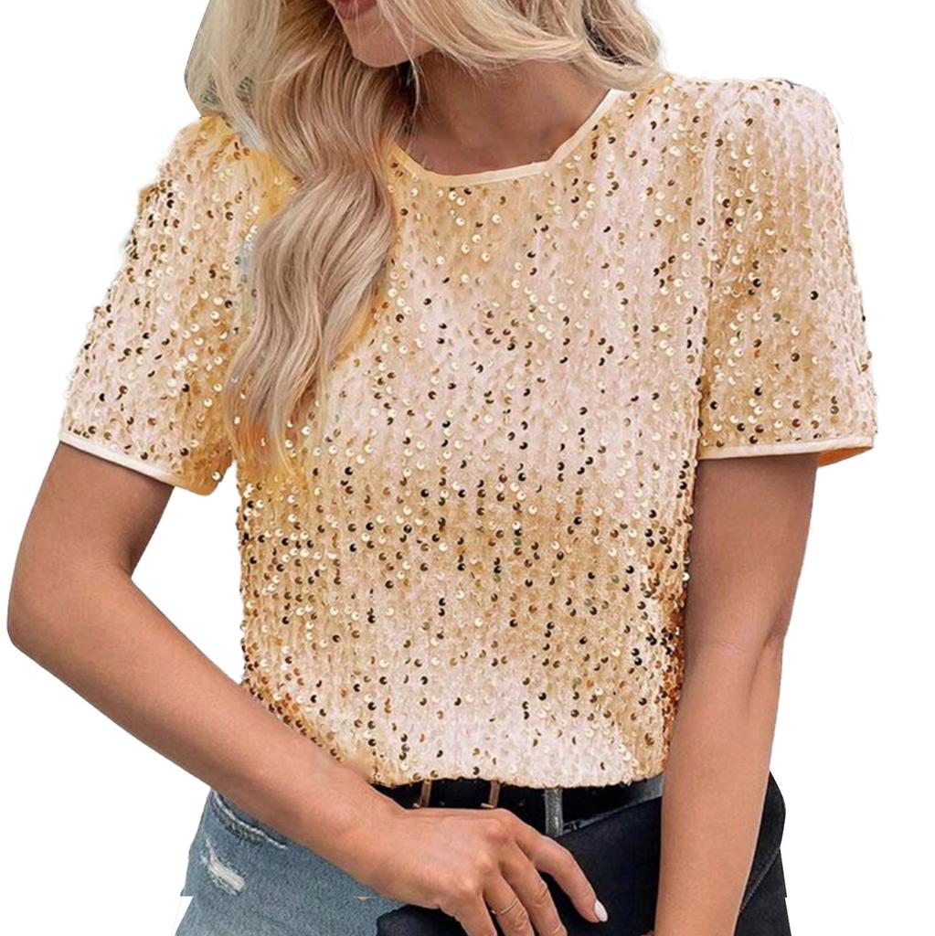 Fashionable Commuting Loose Short-sleeved Round Neck Tops For Women With Sequined T-shirts