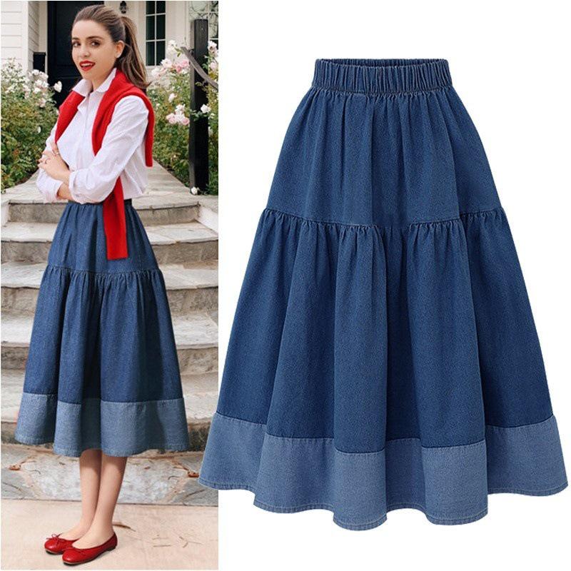 2023 Plus Size Elastic Waist Denim Midi Skirt - Versatile Spring Clothing for Women