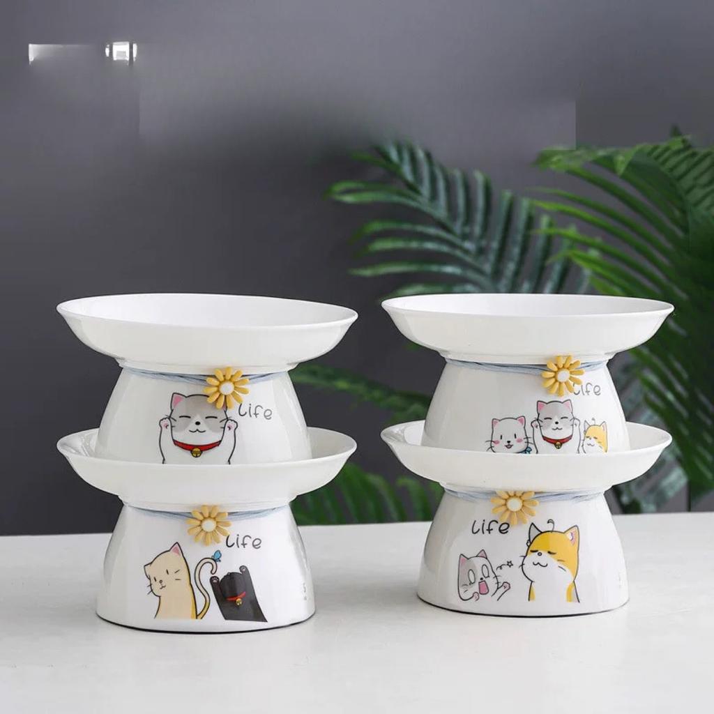 Pet Cat Bowl Ceramic Bowl Tall Black Chin Dog Rice Bowl Cute Drinking Protect Neck Spine Cat Food Bowl Anti Knock Over