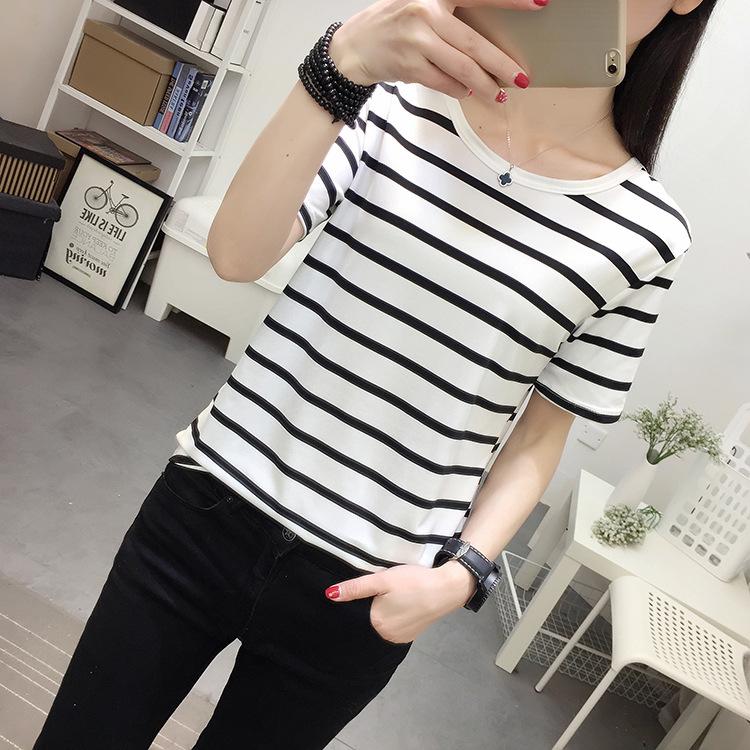 Women Striped Short Sleeve T‑Shirt Japanese Korean Casual Crew Neck Loose Summer Slim Fit Basic Top