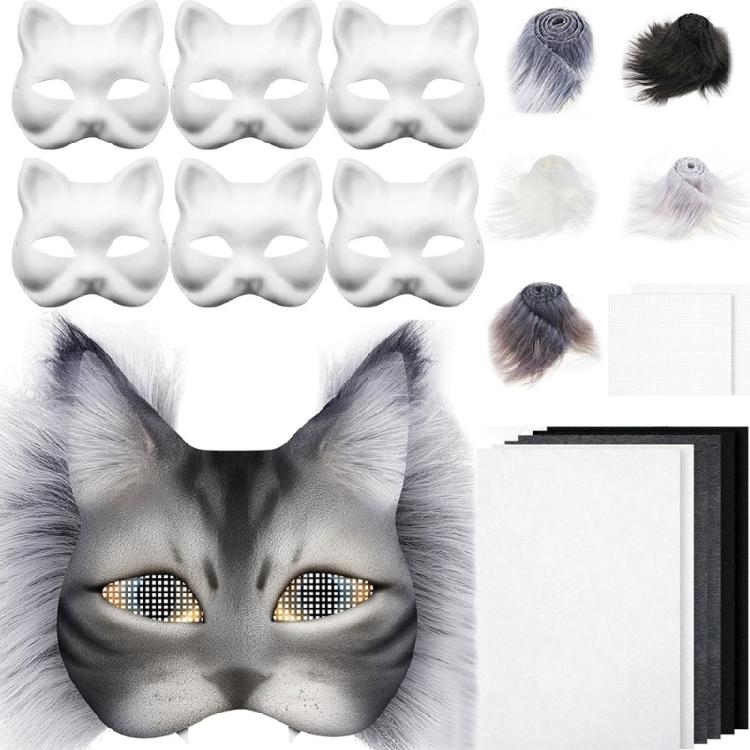 Cats  Foxes Mask with Furs Eye Mesh Felts Sheet Therians Dress Up Mask to Paint for Halloween Masquerade Cosplay Party