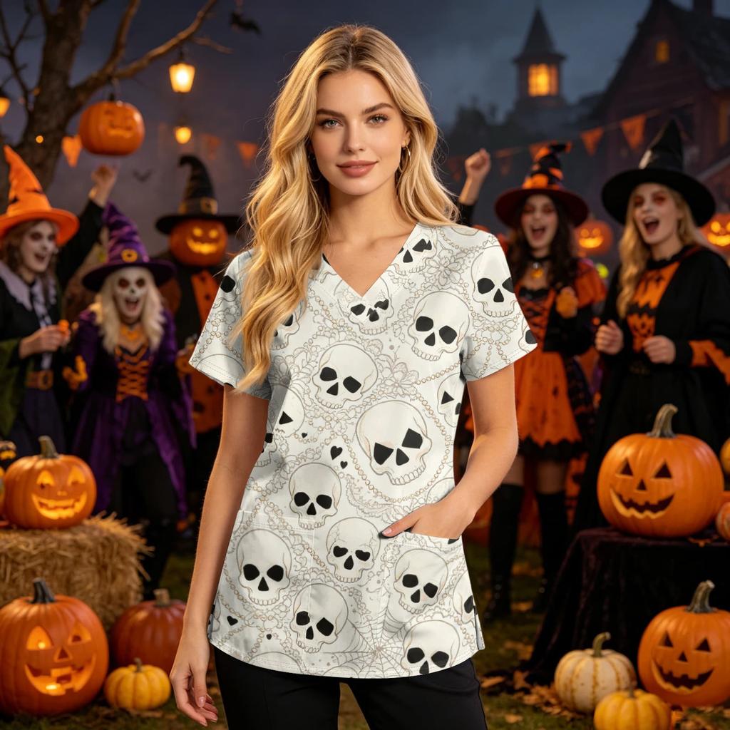 Women's V-Neck Short Sleeve Scrub Top with Pockets Halloween Print for Nurses and Caregivers