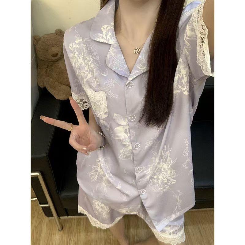 

Ice and snow pajamas summer women s short-sleeved shorts pure lace court style sweet fashion loungewear suit XXL