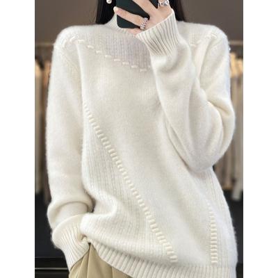 Pullover Sweater Women Half High Neck Sweater Pullover Casual Loose Knitting Solid Long Sleeve Sweater Pullover Female