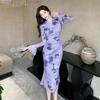 Korean Chic New Chinese Purple Improved Cheongsam Daily Elegance Long Sleeve Slim Lady Mesh Printing Dress
