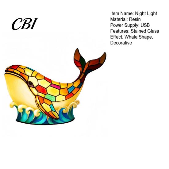 Bedroom Ambiance Light Stained Glass Whale Night Light, USB Multicolor Table Lamp, Flicker-free LED Decorative Desk for Home Office Kids Room