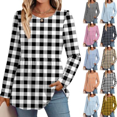 Women's Casual Fashion Long Sleeve Shirt Plaid Printed Tunic Top