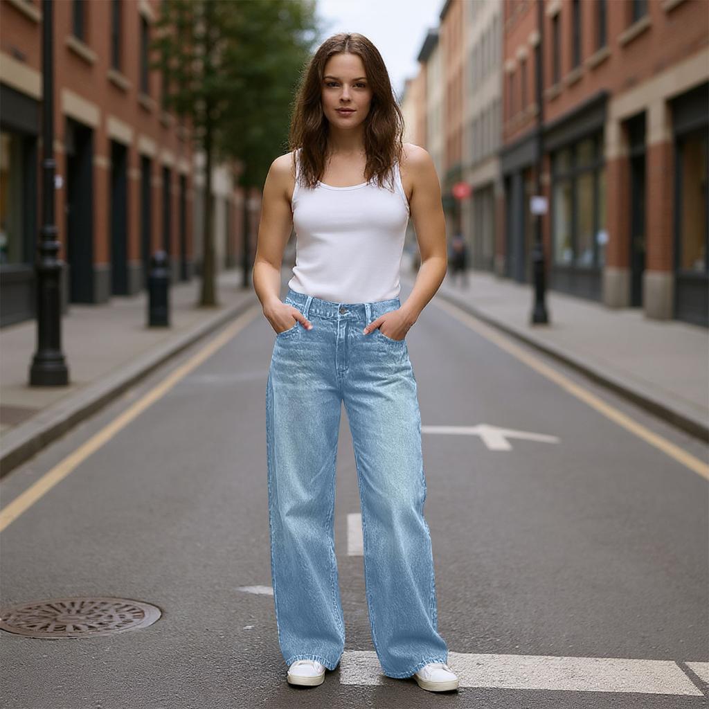 Womens High Waisted Jeans Stretchy Flared Straight Leg Loose Trendy Hem Denim Pants