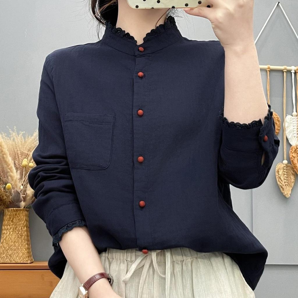 2026 Spring/Autumn Long Sleeve Stand Collar Ruffle Trim Artistic Shirt in Japanese Style - Age-Reducing Versatile Base Layer