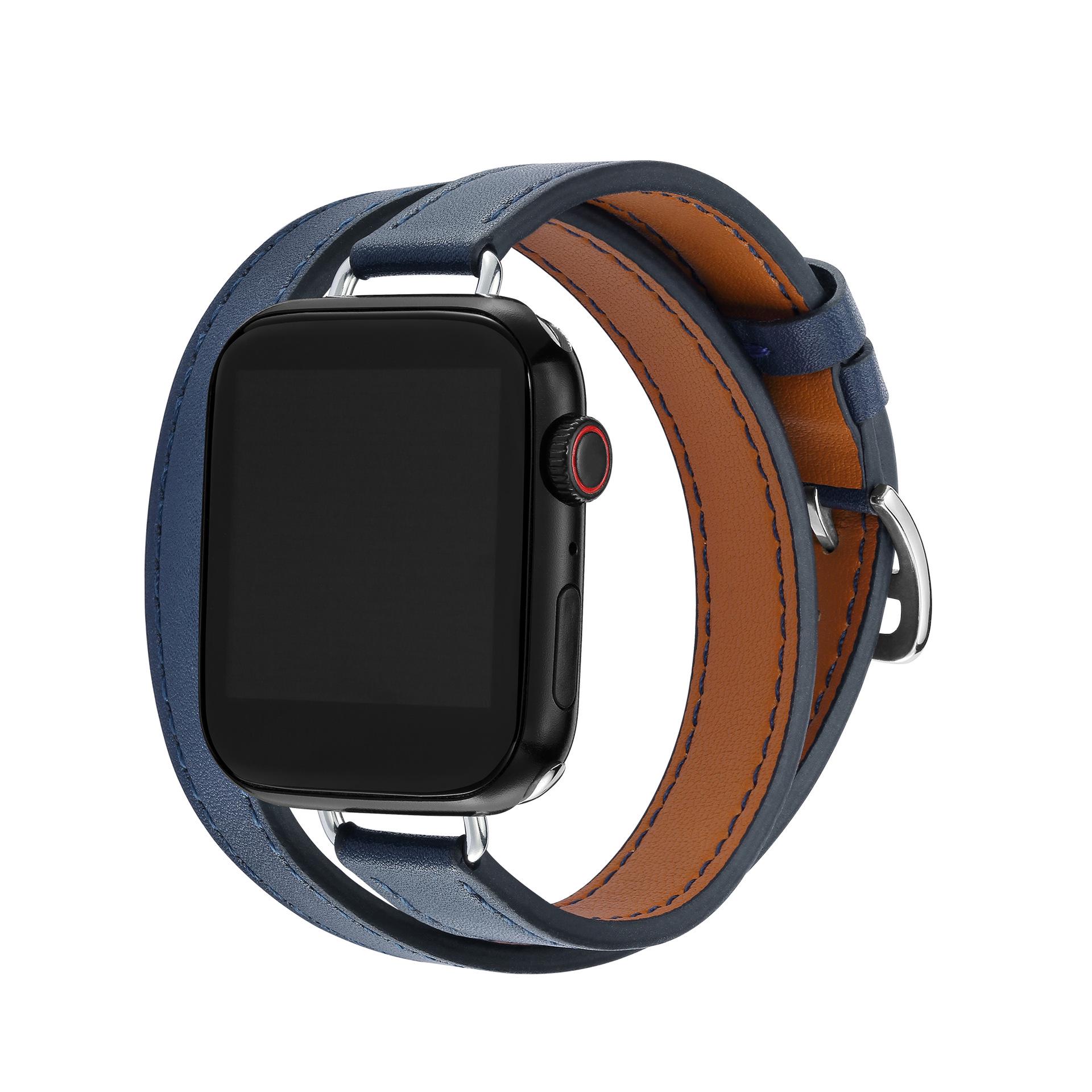 Тонкий кожаный ремешок с двойным обертыванием для Apple Watch 9/8/7/6/4 41mm полуночно-синий