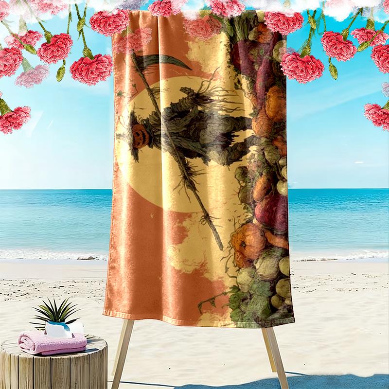 Halloween Vintage Scarecrow Pumpkin Harvest Print Beach Towel, Gothic Quick‑Dry Towel for Beach Pool Travel