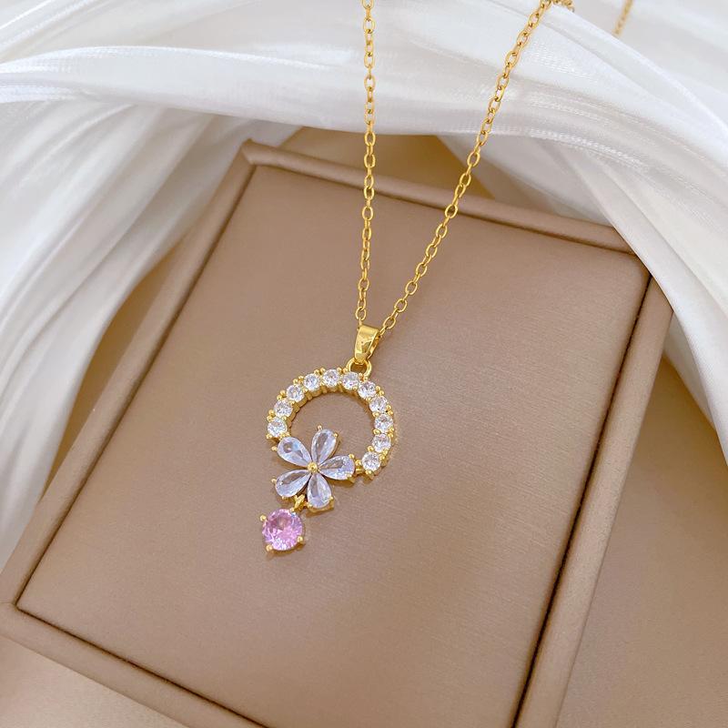 Titanium Steel, Round Flower Fringed Zircon Temperament Gorgeous Full Diamond Necklace Female Versatile Collarbone Chain Titanium Steel Chain