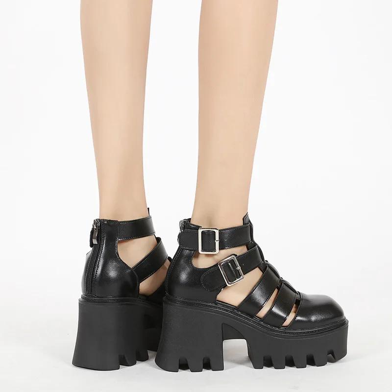 Fashion Square buckle metal summer new toe openwork Roman shoes woven vintage breathable block heel platform cool