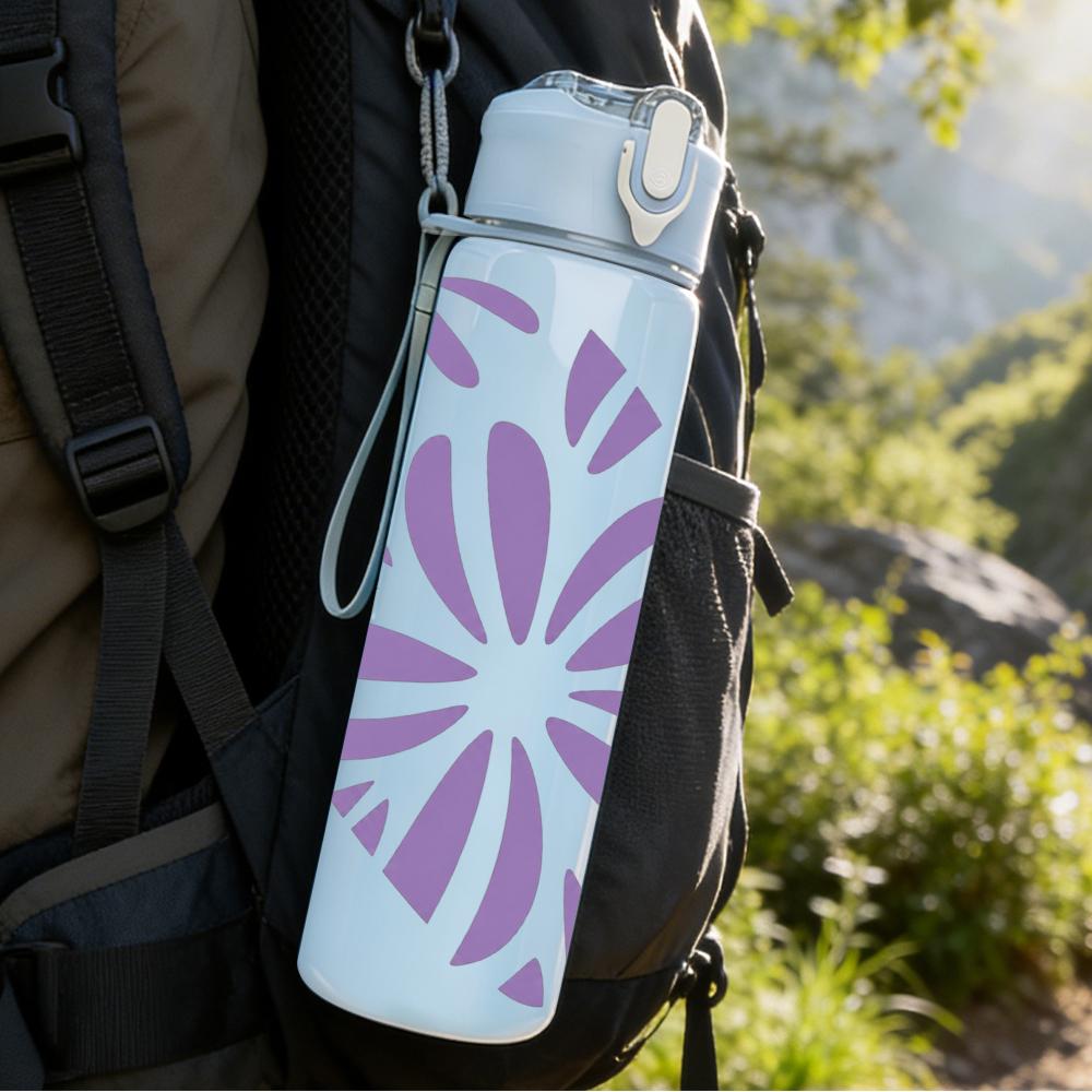 1PC Purple Floral Heart 750ml Color Plastic Sports Water Bottle Leakproof Flip Straw Lid Suitable for Sports Office Home Use