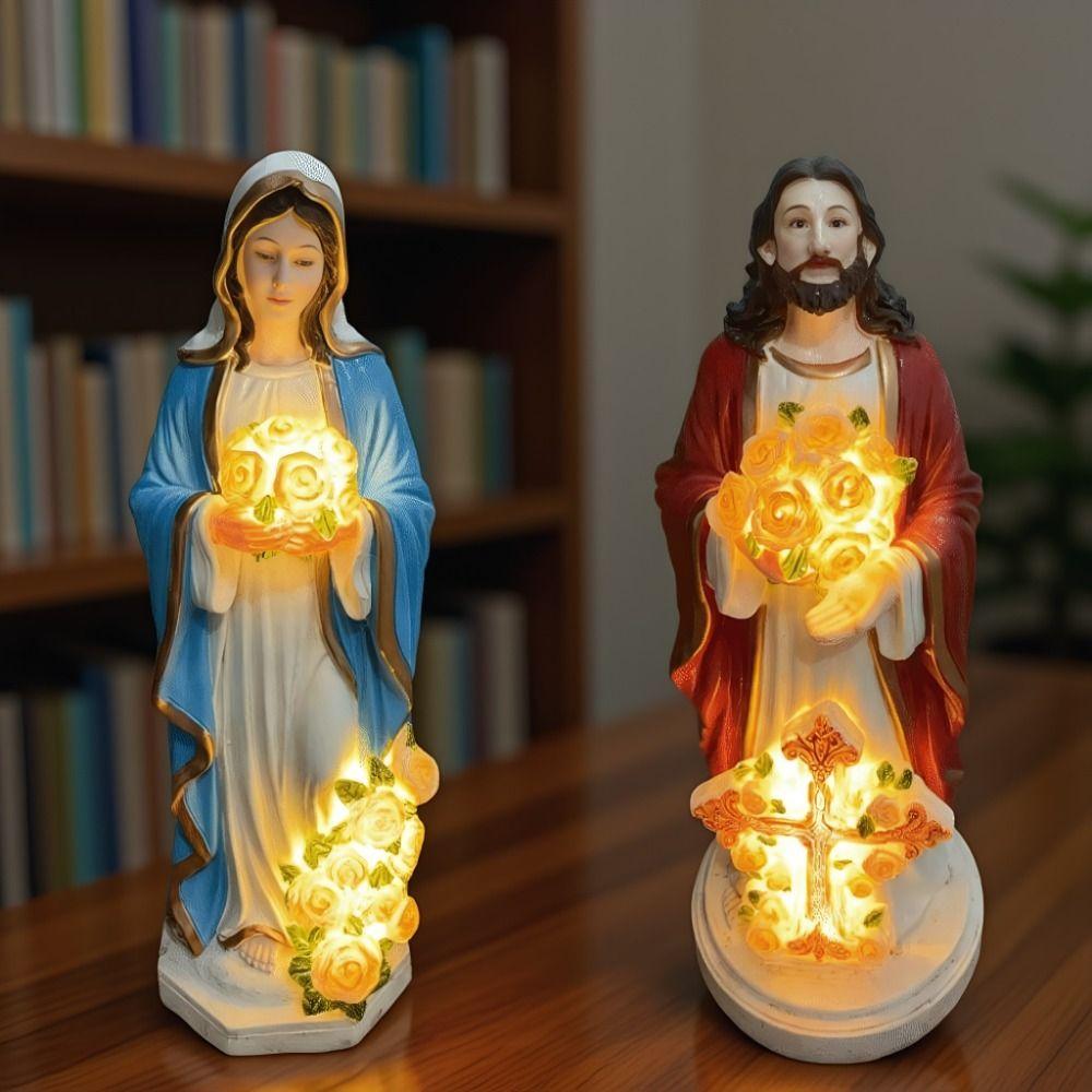 Verlichte Maria Beeld Gloeiende Rozen LED Jezus Christus Beeldje Hars Jezus Beeld Tuinpad