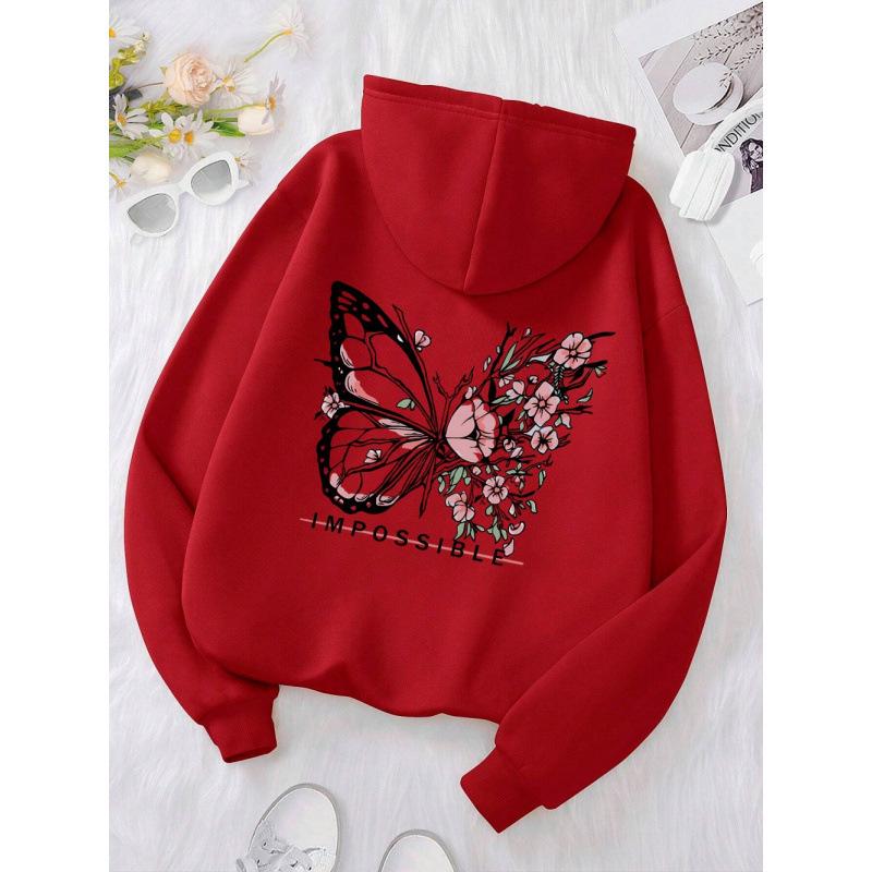 Rose Butterfly Graphic Unisex Hoodie with Drop Shoulder Sleeves
