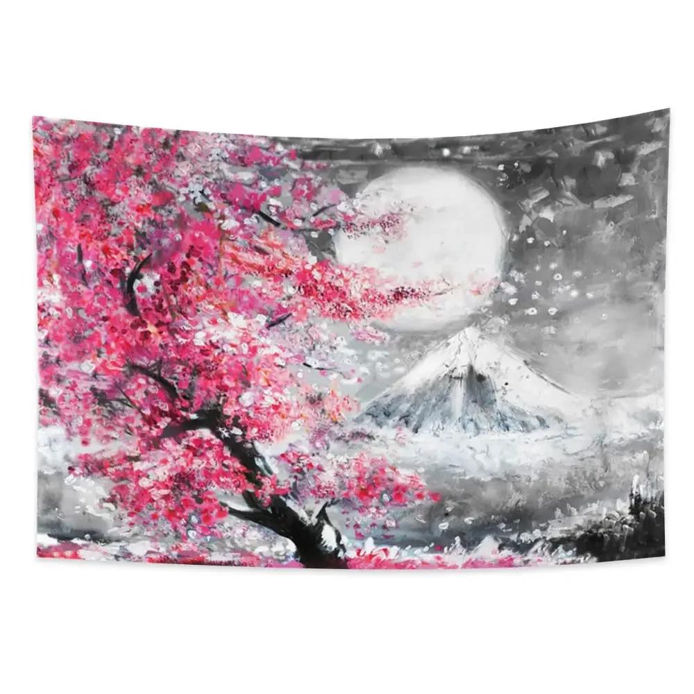 VIKAMA Anime Landscape Tapestry Japanese Mountain Cherry Blossom Tapestry Cherry Blossom Village Art Wall Bedroom Tapestry