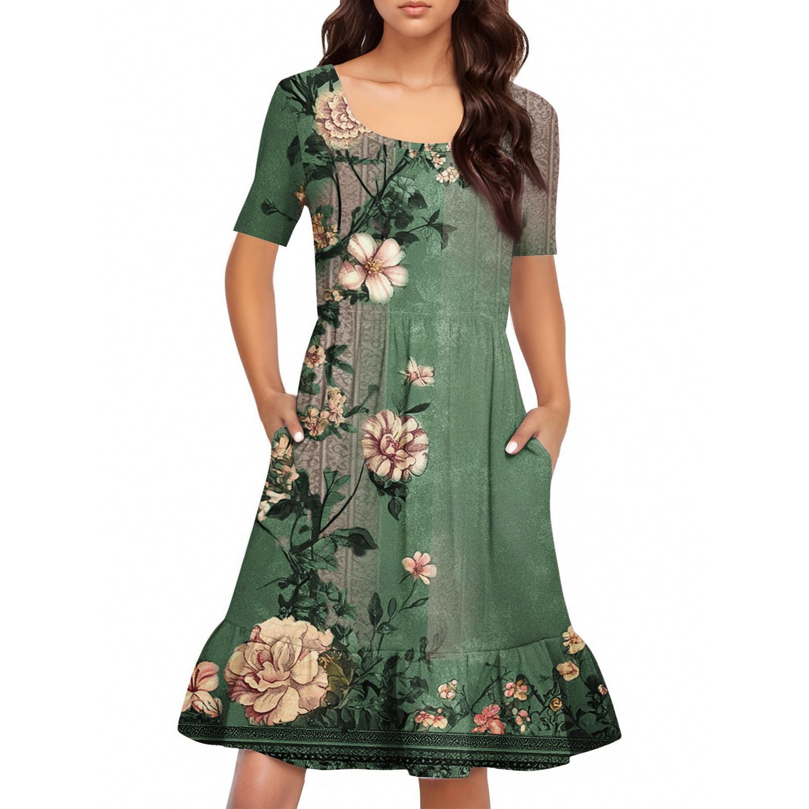 

Женское повседневное платье с круглым вырезом и короткими рукавами. Платье со свободной талией и складками. Платье с складками на талии. M