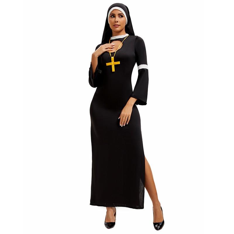 Halloween Costume Women Cosplay Nun Dress With Cross Veil M XL Size Cotton Blend Festival Party Outfit