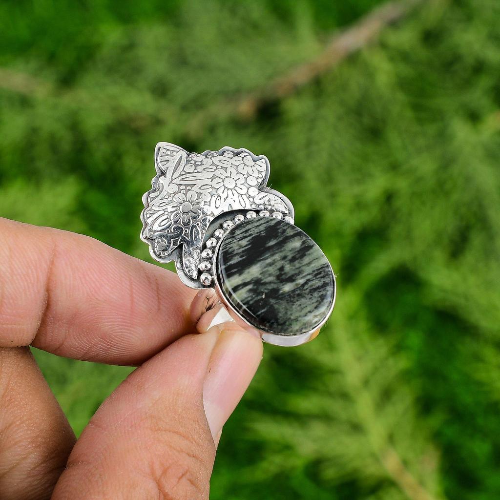 Oval Silver Leaf Jasper Gemstone Bezel Boho Stackable Engagement Ring 925 Silver