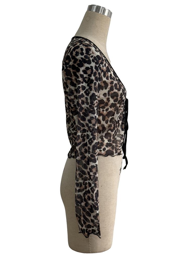 Spring Summer Women's Sheer Mesh Leopard Print Front Tie Long Sleeve Top Fashion Daily Basic Office Lady Casual Slim Fit Ladies Elegant Top