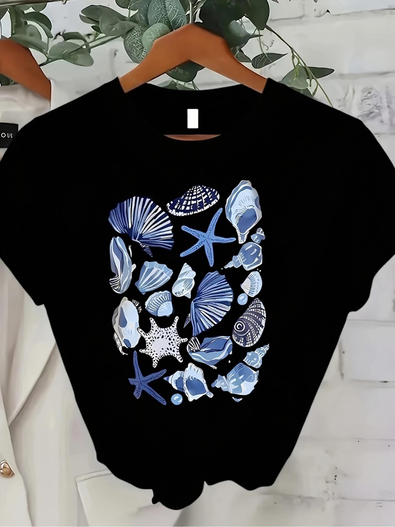 

European size Women S Nautical Ocean T-Shirt - White Tee with Blue Starfish Seashell Print - Breathable Loose Fit Beach Shirt - Machine Washable 4XL чорний