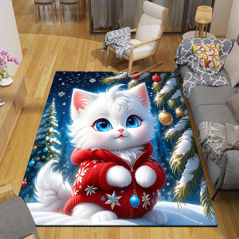 1pc Christmas White Cat Print, Design Indoor Area Rug - Soft, Anti-Slip, and Durable Gaming Room Decor for Bedroom