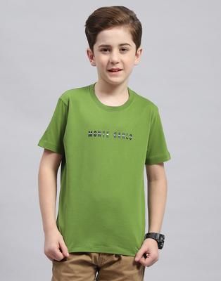 Boys Green Printed Round Neck Half Sleeve Regular Fit T-Shirt