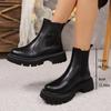 Women Medium Size Round Toe Block Heel Leather Boots Autumn New Solid Color British Style